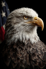 Obraz premium Majestic bald eagle in front of American flag on black background, symbol of freedom and strength, detailed closeup view