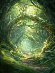 Naklejka premium Enchanted Forest Path Lush Green Mossy Trees Sunlight Nature Scene art view calm dark road woods