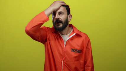 Hispanic man with beard in orange prison jumpsuit gestures against bright yellow background, expressing emotion and incarceration themes.