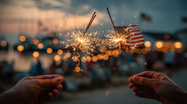 Hands holding sparklers with american flag on 4th of july celebration, festive night with bokeh lights