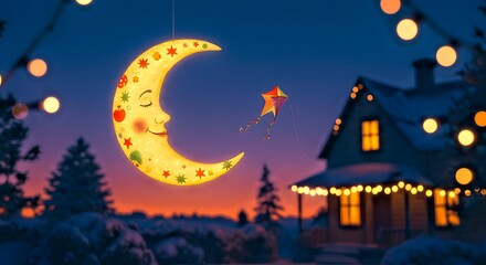 Crescent Moon over Snowy Landscape