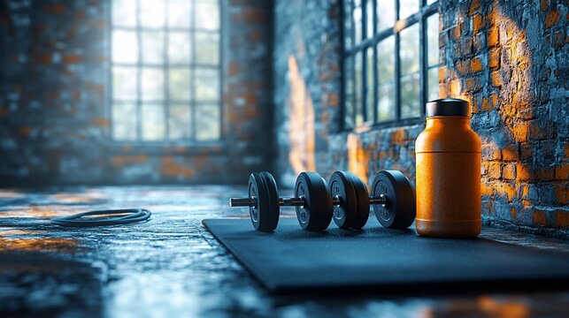 Industrial gym interior with dumbbells and water bottle