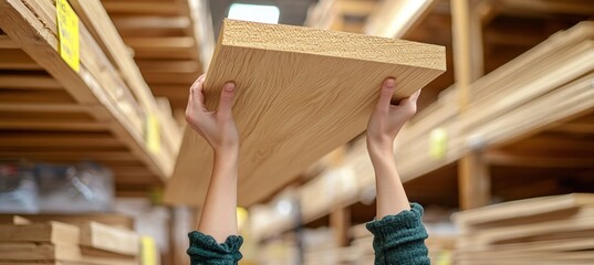 Carpenter lifting wooden plank in lumber warehouse