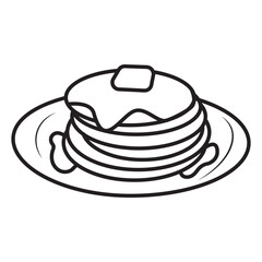 A black and white line drawing features a stack of pancakes on a plate, topped with butter and syrup, representing breakfast, brunch, and comfort food.