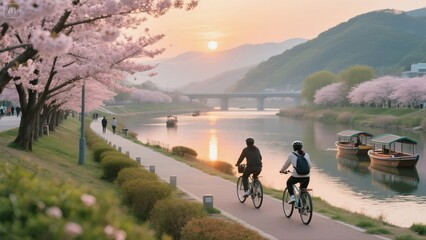 벚꽃이 만개한 하천 산책로, 자전거 타는 사람들