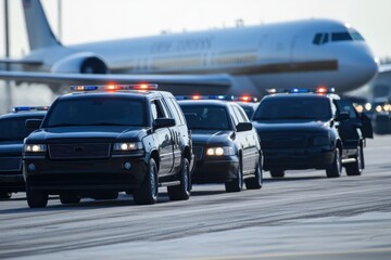Secret service convoy escorting president on airport tarmac