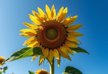 Naklejka premium Close-up sunflower blooming in bright sunlight against blue sky 