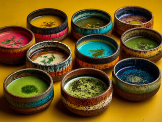 bright and clear flat lay top-view food photograph of multiple bowls containing different healthy sauces: tahini dressing, pesto, avocado crema, lemon-herb dressing