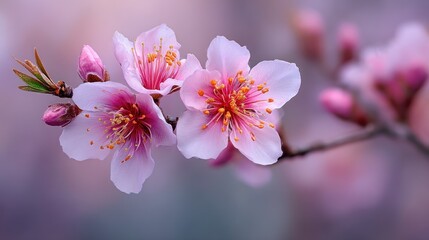 Obraz premium Pink blossoms on a branch with blurred background soft light springtime.