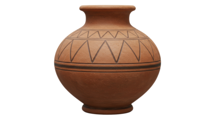 Isolated Rustic Clay Pot with Traditional Geometric Patterns