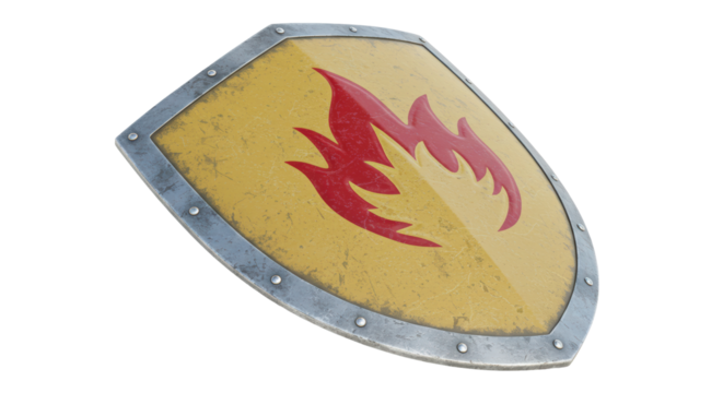 Isolated Medieval Shield with Fiery Emblem and Metallic Frame