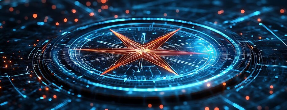 Digital compass glowing, futuristic tech