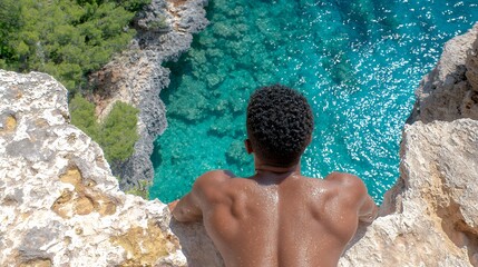 Man Looks at Crystal Water Near Rocks