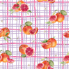 Seamless pattern with watercolor illustration of grapefruit with white flowers on isolated checkered background. Hand painted print with grapefruit branche with green leaves. Citrus food for textile