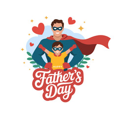 Father's Day concept illustration, Father and son wearing superhero costumes flat vector illustration