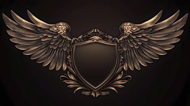 Photograph of detailed, ornate gold wings frame a decorative shield against a dark background.