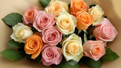Fototapeta premium A Bouquet of Fresh Roses Covered in Water Droplets Featuring Pink, Orange, and Cream Blooms