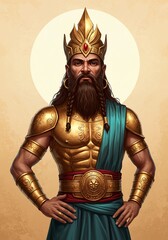 Obraz premium Man Wearing Golden Armor and Crown Standing Proudly