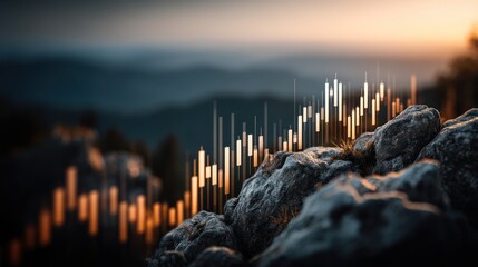 Financial chart overlayed on a rocky landscape with mountains in the background.