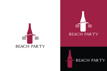 beach party wine bottle with ocean wave logo design vector