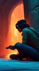 Fototapeta premium Mysterious young explorer peering through archway in glowing temple