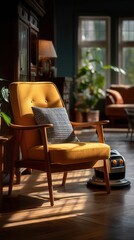 Fototapeta premium Cozy yellow armchair bathed in sunlight in stylish living room