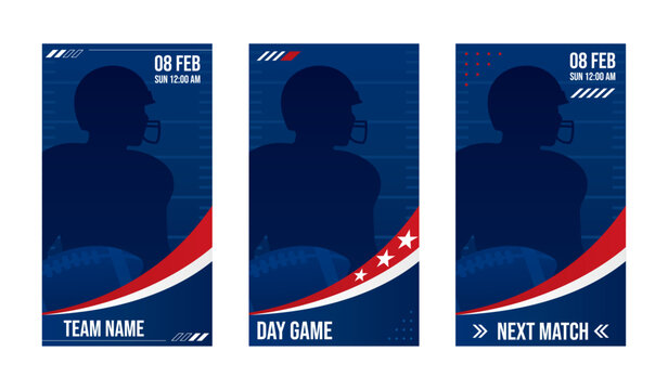 American Football Social Media Set. Vertical Templates with Player Silhouette in Red, White, and Blue Colors. Vector template
