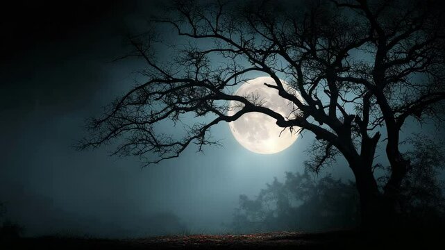 Halloween backdrop with a spooky dead tree silhouette at night under a full moon