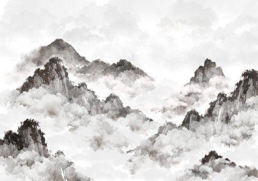 수묵화 기법으로 그린 풍경 산수화 손그림 일러스트.