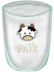 Hand drawn cute milk jug and glass with milk in glass and sticker cartoon cow on glass illustration of crystal clear 