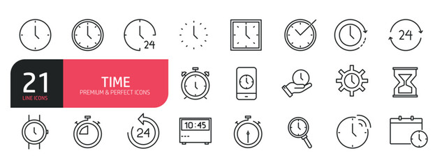 Set of line icons related to time, date, o'clock, alarm, calendar. Outline icons collection. Editable stroke. Vector illustration.