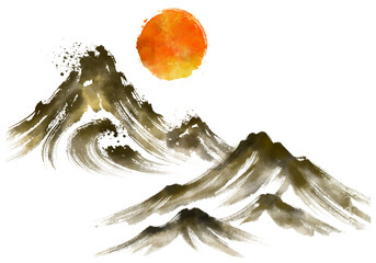 수묵화 기법으로 그린 풍경 산수화 손그림 일러스트.