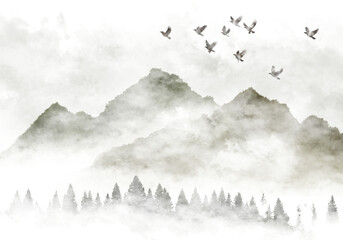 수묵화 기법으로 그린 풍경 산수화 손그림 일러스트.