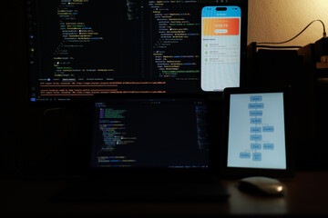 A focused app developer working on code at a computer, creating and testing features for a modern mobile application.