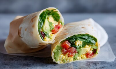 breakfast burrito cut in half showing avocado, eggs, tomato, beans, and spinach, Generative AI
