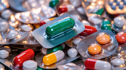High-resolution images showing a vibrant collection of medical pills, capsules, supplements, and tablets in a variety of colors and shapes. Perfect for illustrating healthcare, pharmacy, vitamins, mod