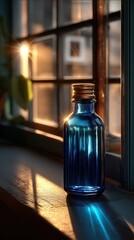 Peaceful blue glass bottle catching sunset light by window