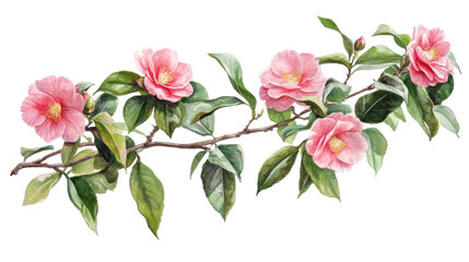 Watercolor Branch with Bright Pink Camellia Flowers and Leaves &mdash; Botanical Clipart on Transparent Background

