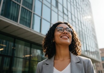 Fototapeta premium Young businesswoman looks up hopefully in front of a modern office building on a sunny day
