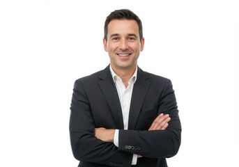 Confident businessman in a suit smiles with his arms crossed on a white background
