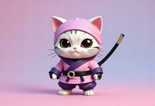 Cute ninja cat character design in minimalist chibi style, simple background