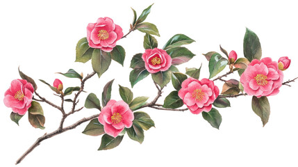 Watercolor Branch with Bright Pink Camellia Flowers and Leaves — Botanical Clipart on Transparent Background

