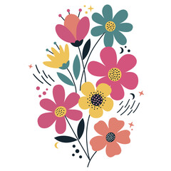 Colorful Floral Bouquet with Stars and Dots against a Transparent Background