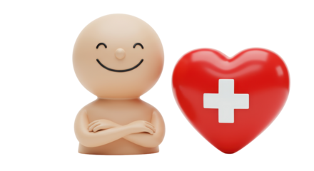 Isolated Smiling Character with Arms Crossed Next to Red Heart with Plus Sign
