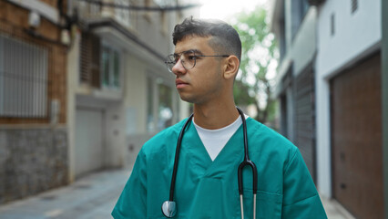 Young hispanic male doctor wearing green scrubs and glasses outdoors in a city street, looking...