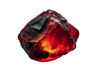 Intriguing raw gemstone, rich in deep amber hues with contrasting dark accents.  Its rough texture and warm glow evoke themes of natures power and hidden beauty.