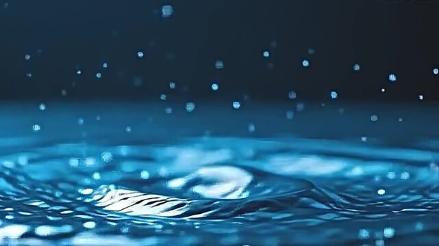 dynamic scene of splash captured mid-air water droplets forming circular pattern as they interact surface below. vibrant blue hues of water create striking contrast against dark background...