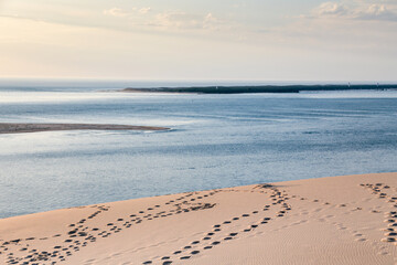 A beach with a body of water in the background on dune Pilat in France