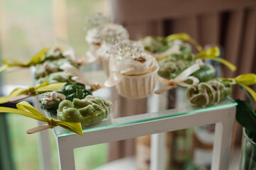 Wedding day. Buffet table with various types of snacks and sweets in the celebration hall