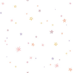 Fototapeta premium Seamless pattern with hand-drawn watercolor featuring multicolored stars in soft pastel hues. This charming design repeats beautifully, adding a playful touch to any project. For children's design